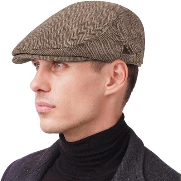 2 Pack Newsboy Hats for Men Classic Herringbone Tweed Wool Blend Flat - Picture 2 of 7